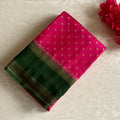 Cherry Pink Banarasi Crepe Silk Saree With Bottle green Pallu