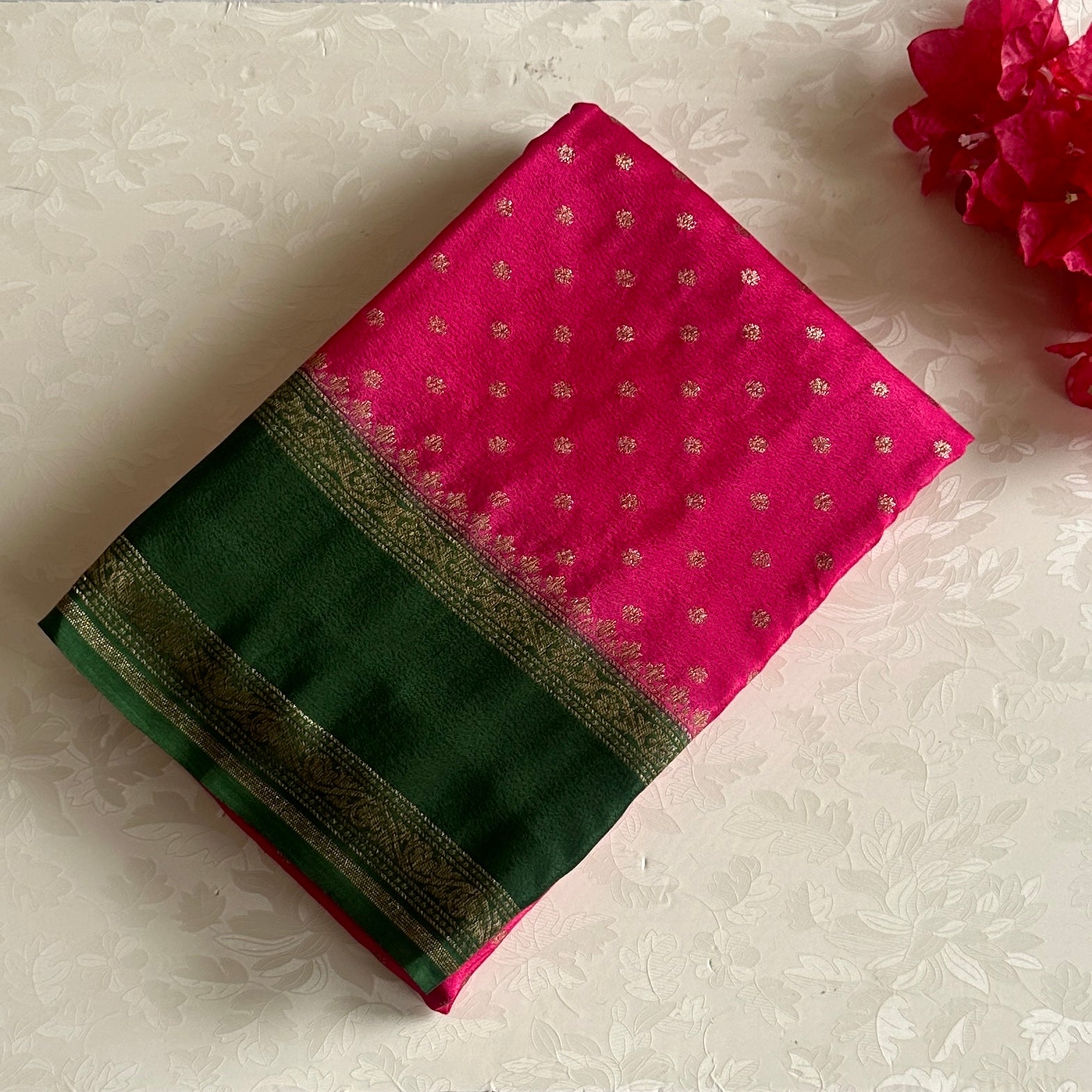 Cherry Pink Banarasi Crepe Silk Saree With Bottle green Pallu
