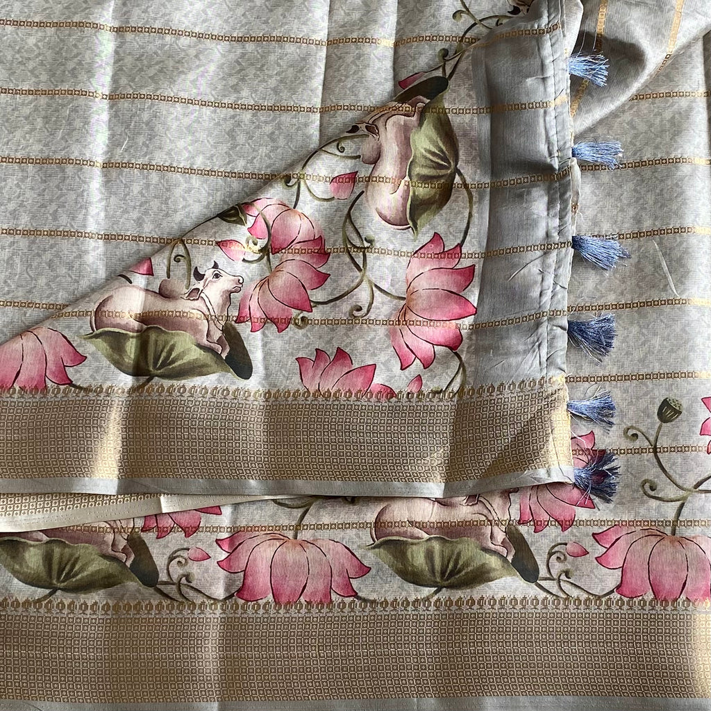 Silver Gray Soft Tussar Silk Saree Lotus Pink Motifs Gold Border