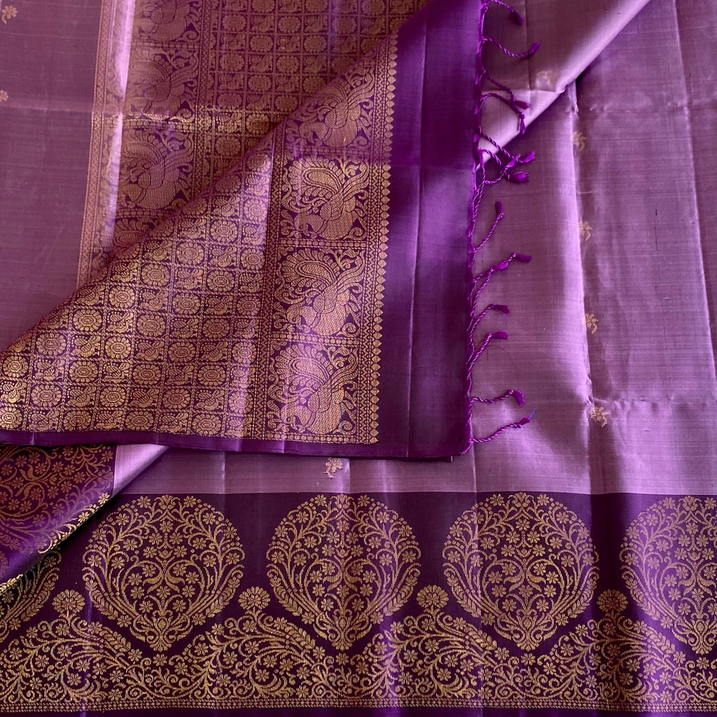 Metallic Lavender Designer Pure Silk Saree With Purple & Gold Borders