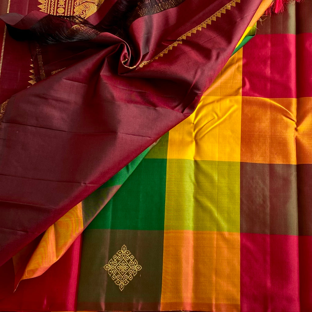 Designer Kollam Multi-Checkered Kanjeevaram Pure Zari Silk With Deep Maroon Pallu
