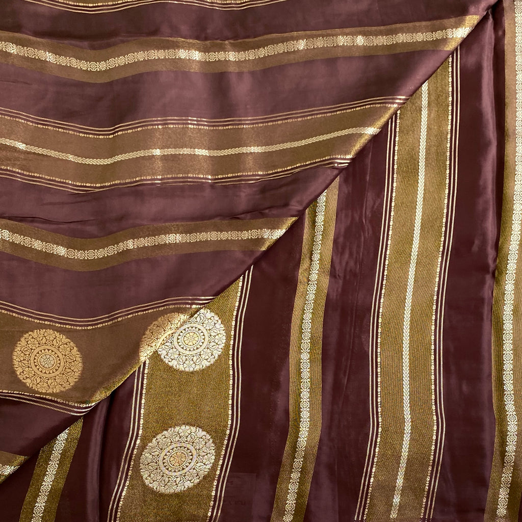 Deep Burgundy Soft Tussar Silk Saree With Antique Gold Plum Purple Pallu