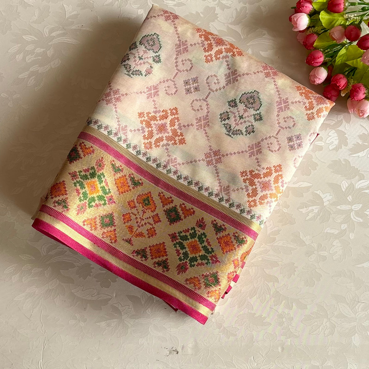 Ivory Patola Printed Soft Tussar Silk Saree With Rose Pink Pallu