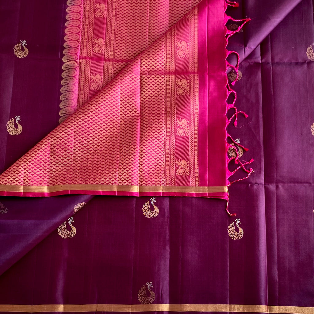 Deep Plum Designer Pure Silk Saree With Rani Pink Pallu