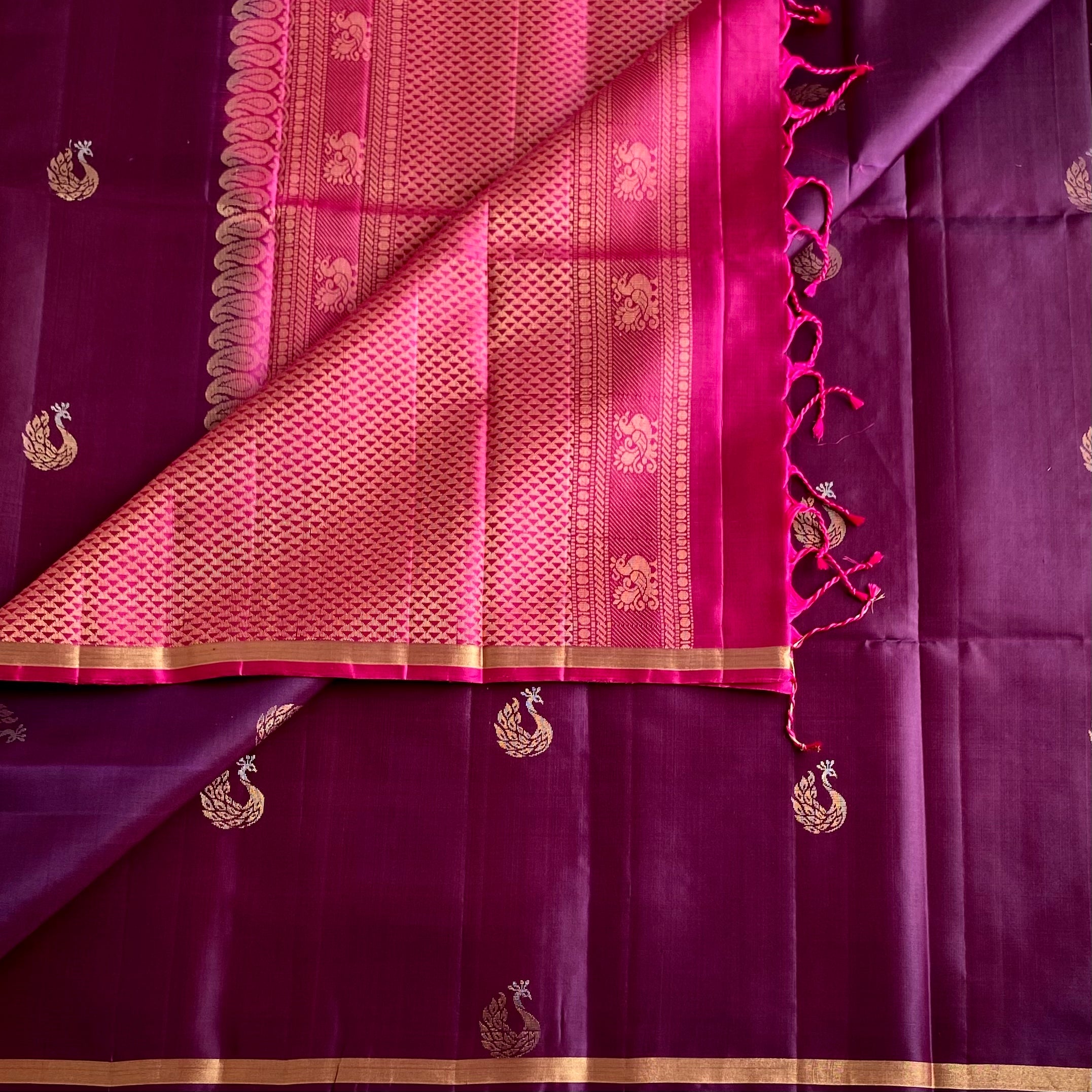 Deep Plum Designer Pure Silk Saree With Rani Pink Pallu