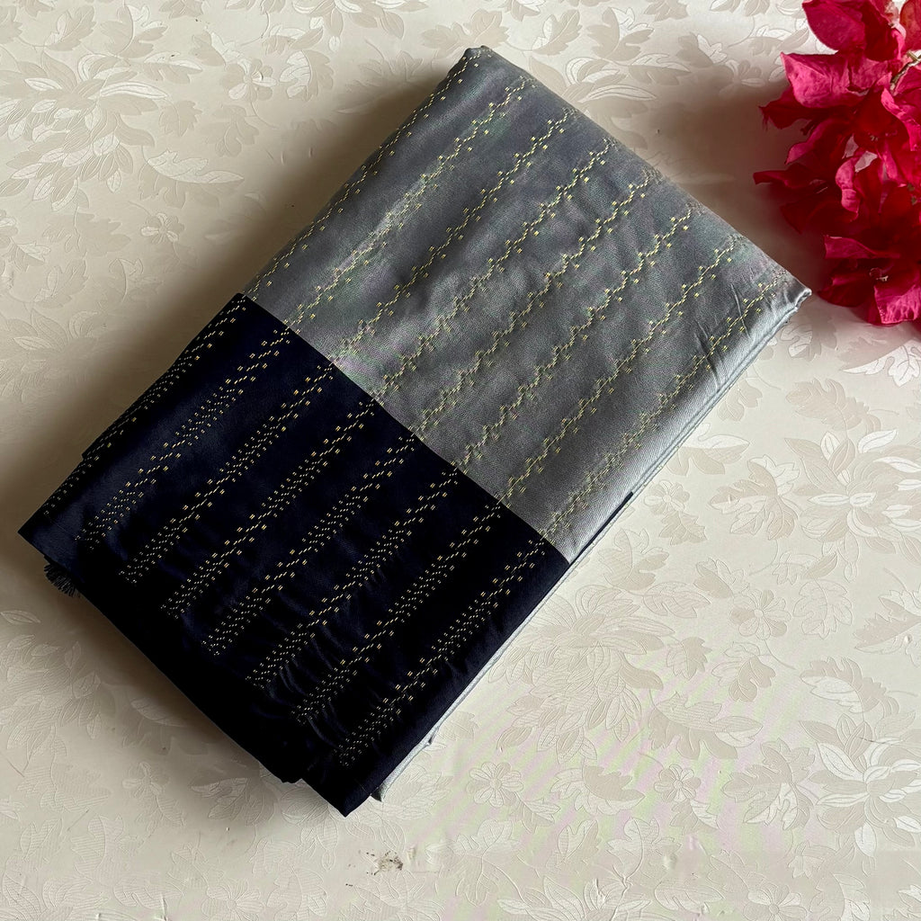 Silver Gray Soft Mixed Silk Saree Navy Blue Pallu Gold Stripes