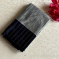 Silver Gray Soft Mixed Silk Saree Navy Blue Pallu Gold Stripes