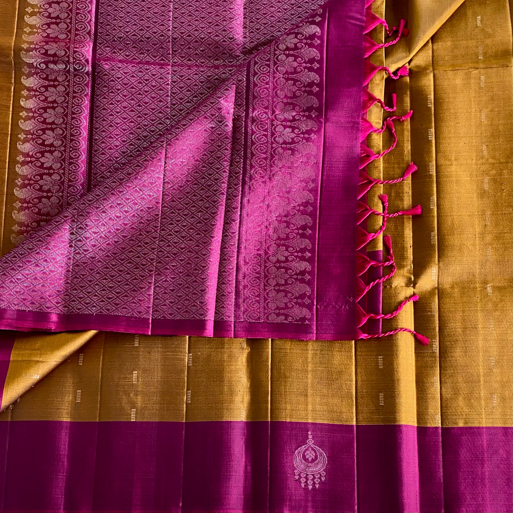 Rani Pink Designer Pure Silk Saree With Temple Gold Border