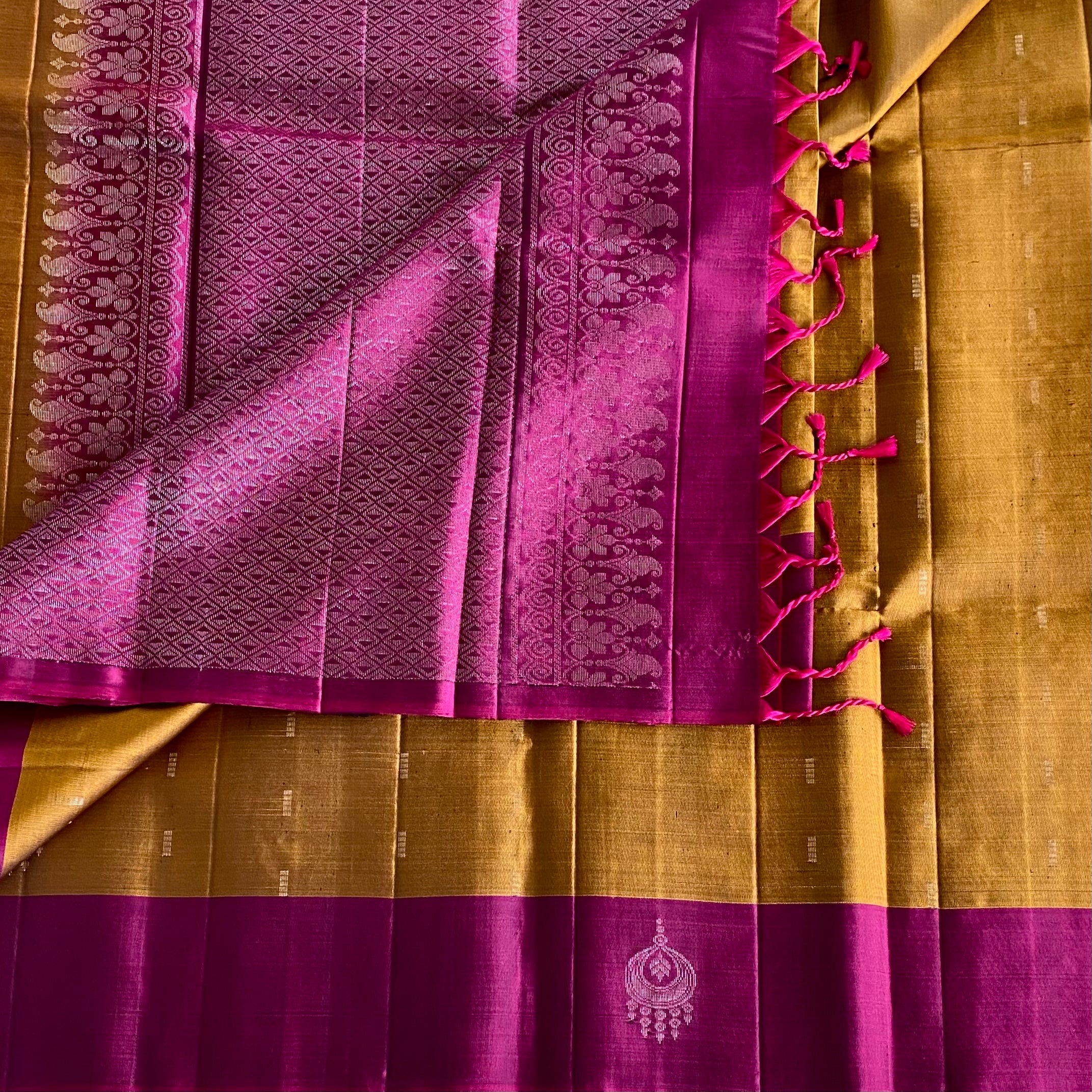 Rani Pink Designer Pure Silk Saree With Temple Gold Border