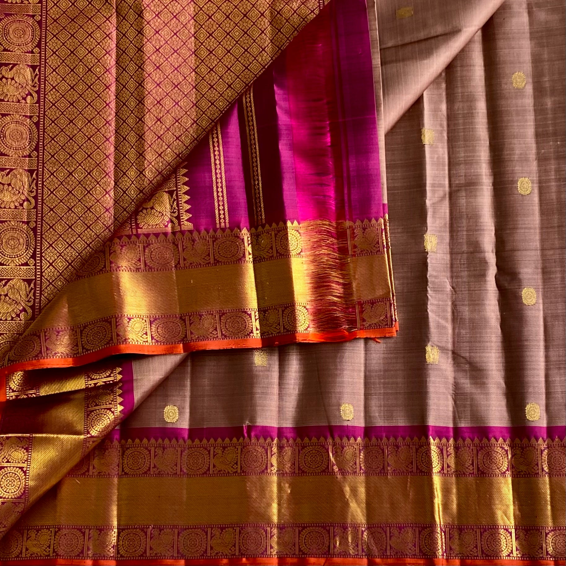 Dreamy Biscuit Brown Kanjeevaram Pure Zari Silk With Rich Magenta Contrast
