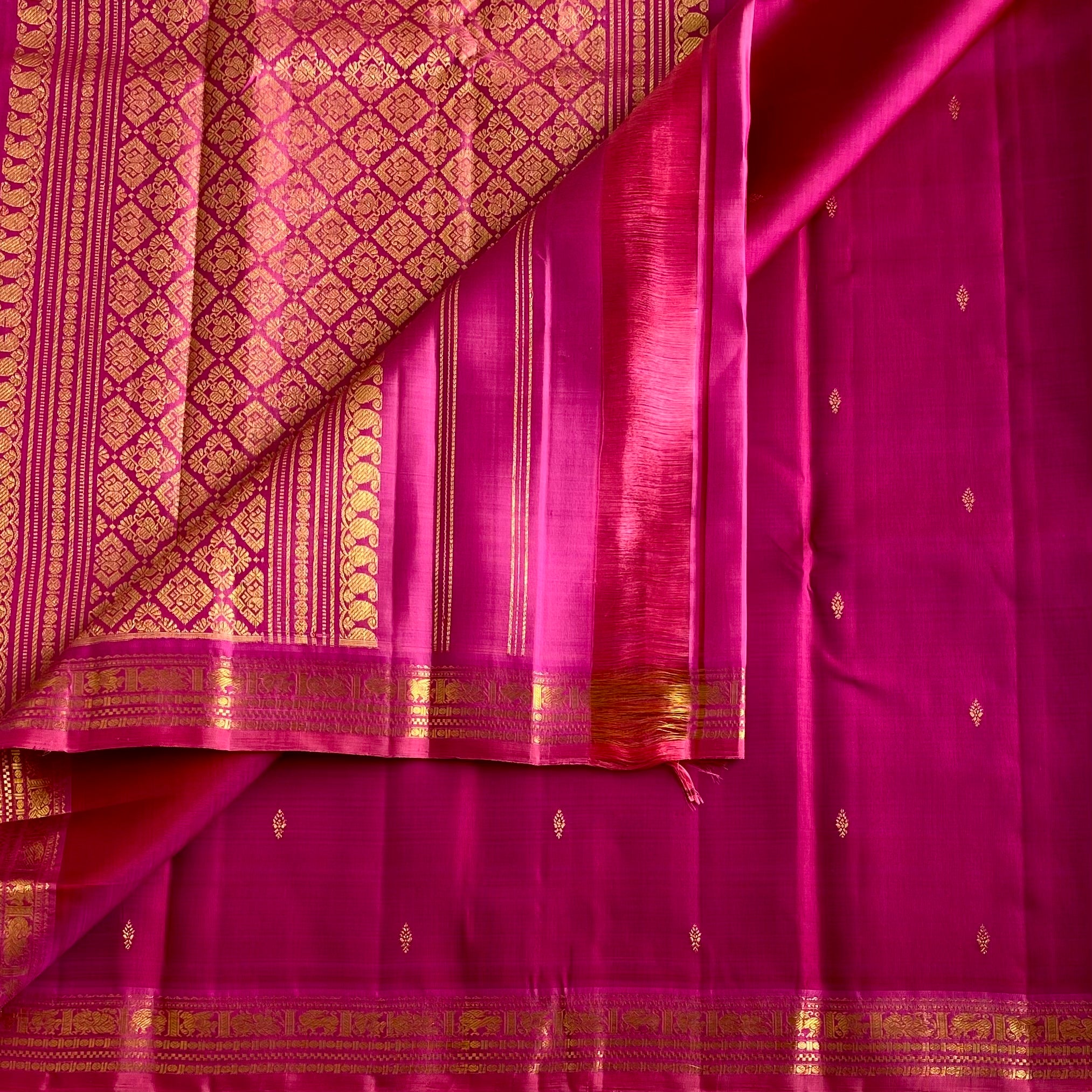 Rani Pink Kanjeevaram Pure Zari Silk With Rose Pink Contrast