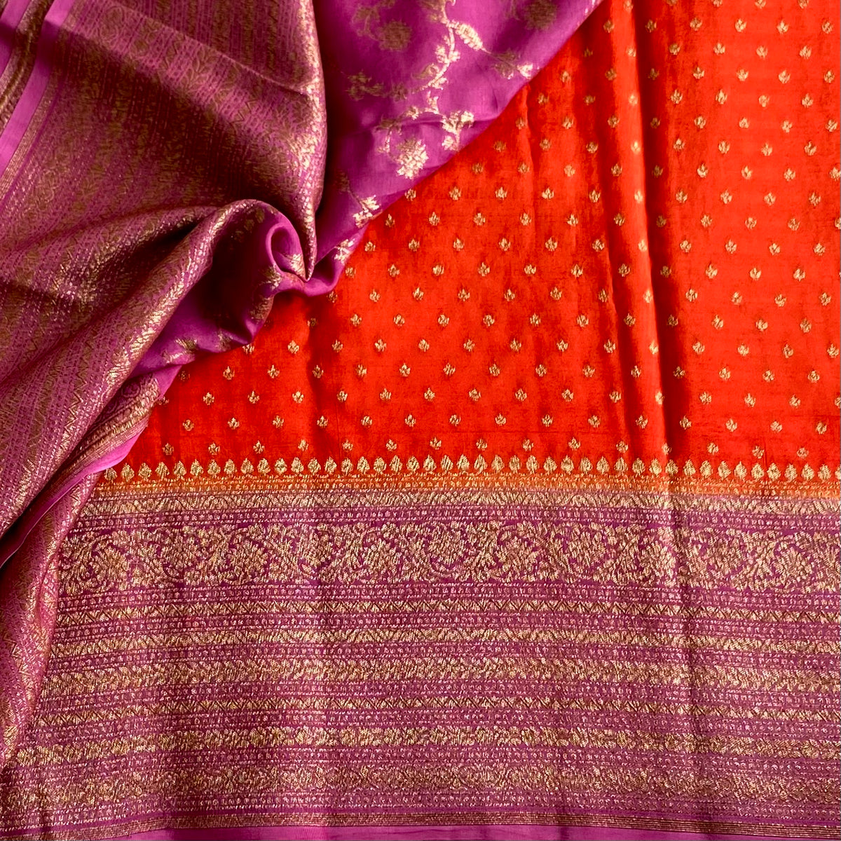 Banarasi Crepe Silk Bright Orange & Magenta Purple Saree With Pallu