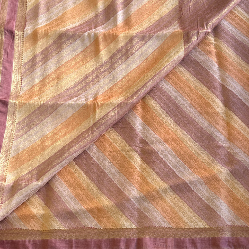 Mauve Gold Silk Diagonal Stripe Saree with Floral Jacquard Pallu