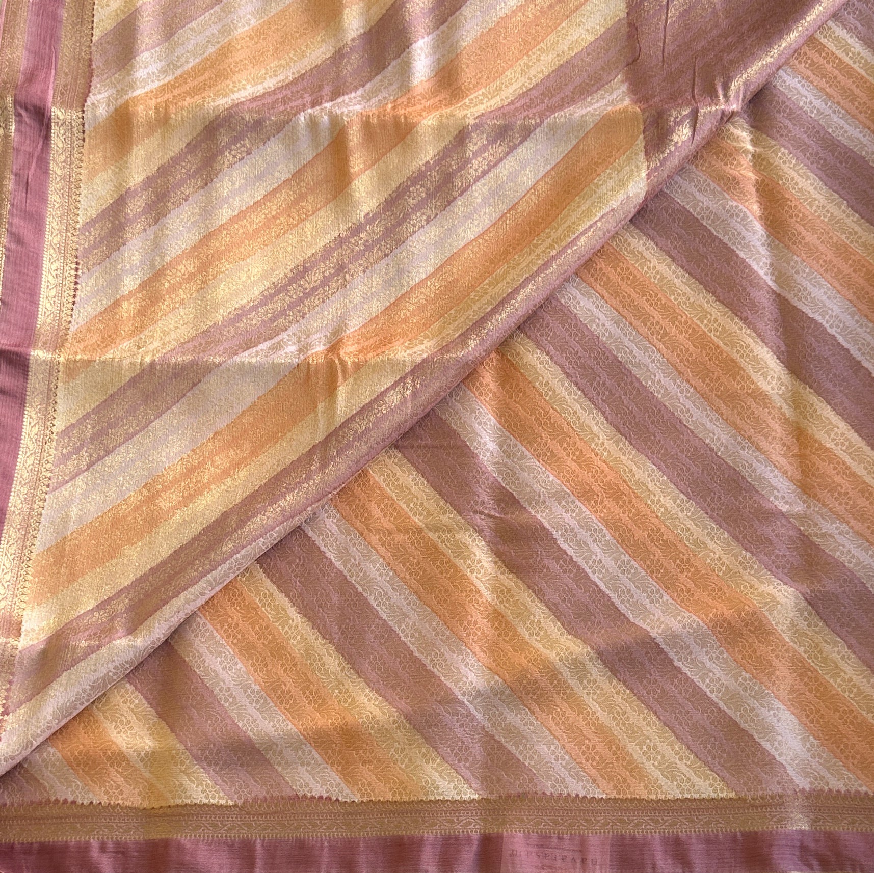 Mauve Gold Silk Diagonal Stripe Saree with Floral Jacquard Pallu