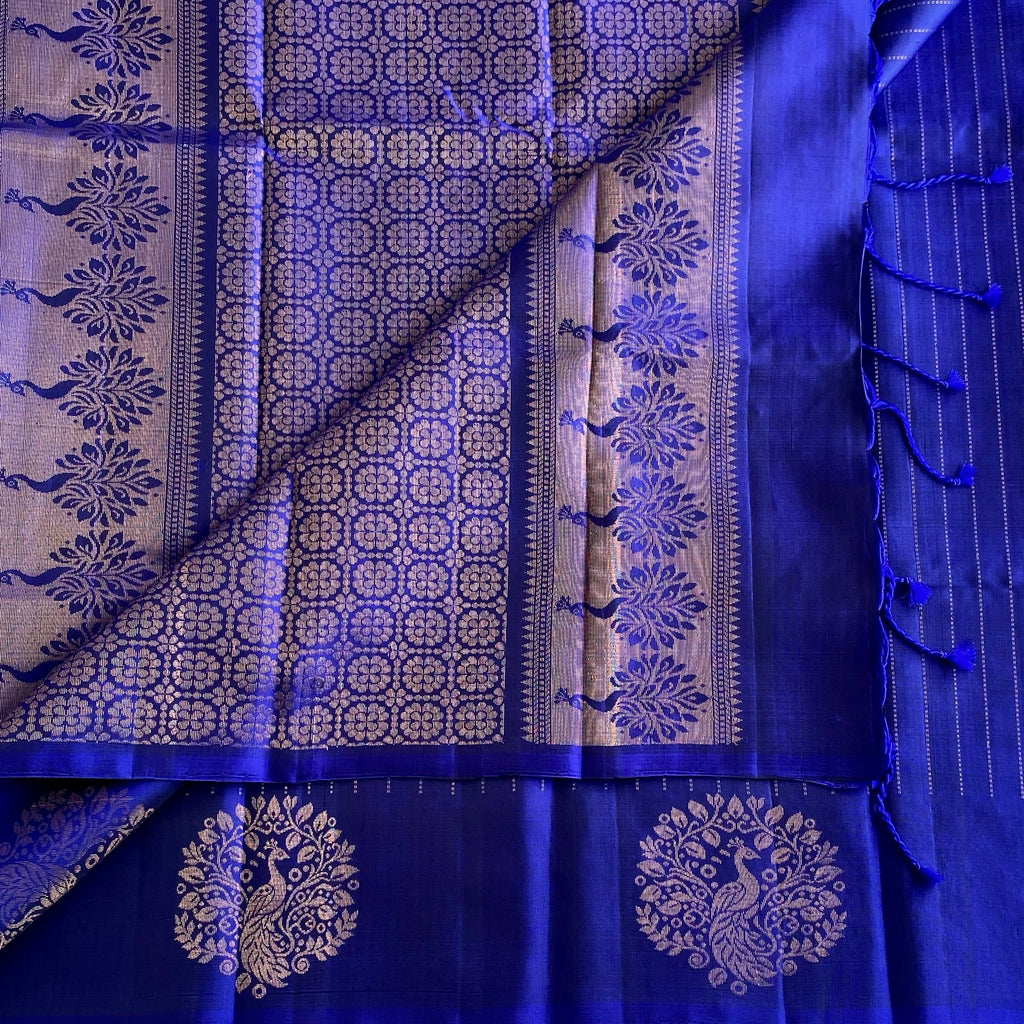 Royal Blue Designer Pure Silk Saree With Antique Gold Zari Border