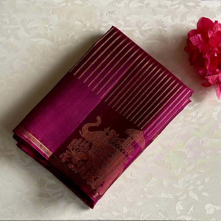 Stunner Magenta Designer Pure Silk Saree With Metallic Gold Zari Elephants