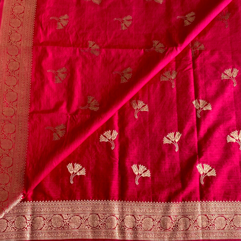 Cherry Pink Soft Tussar Silk Saree With Metallic Gold Zari Border