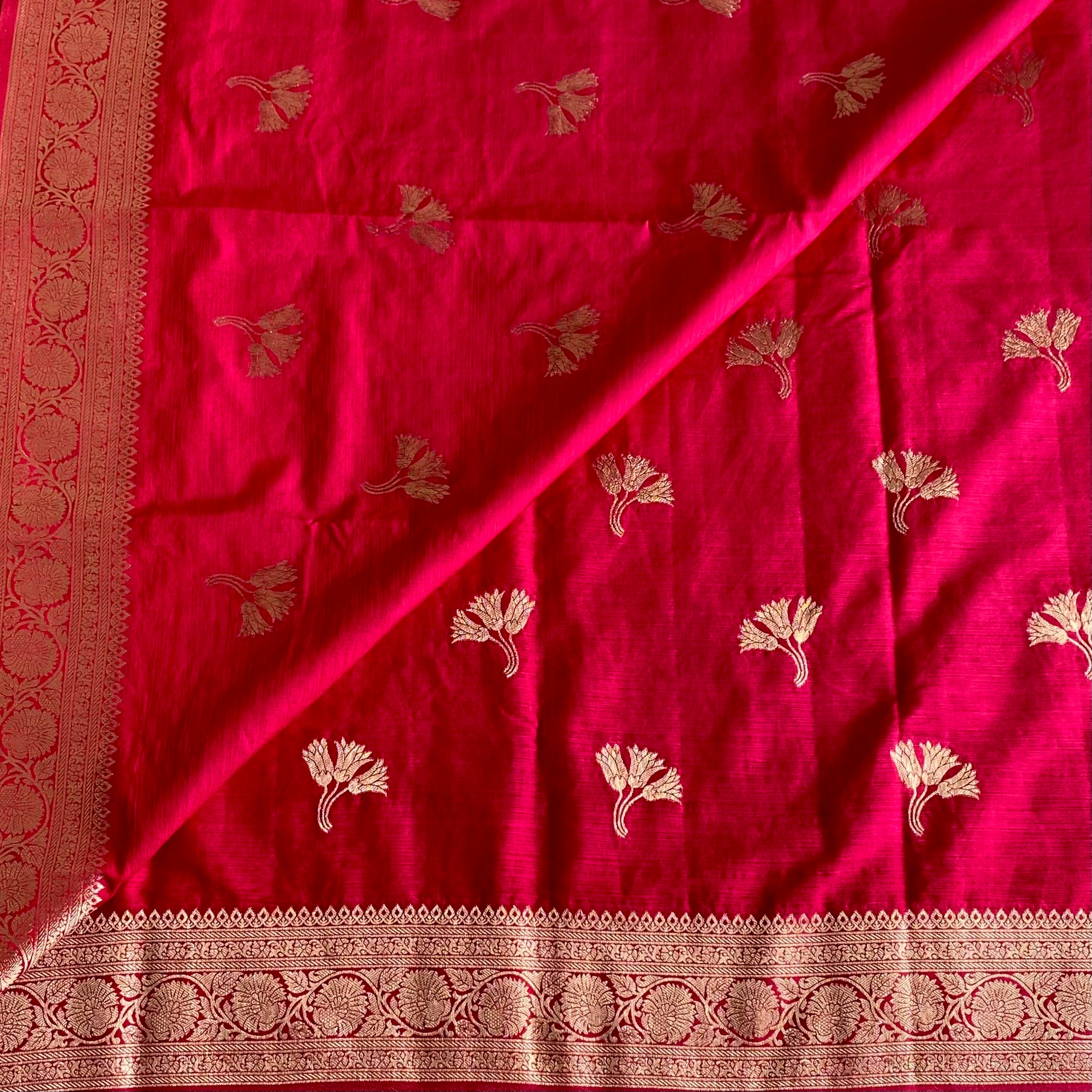 Cherry Pink Soft Tussar Silk Saree With Metallic Gold Zari Border