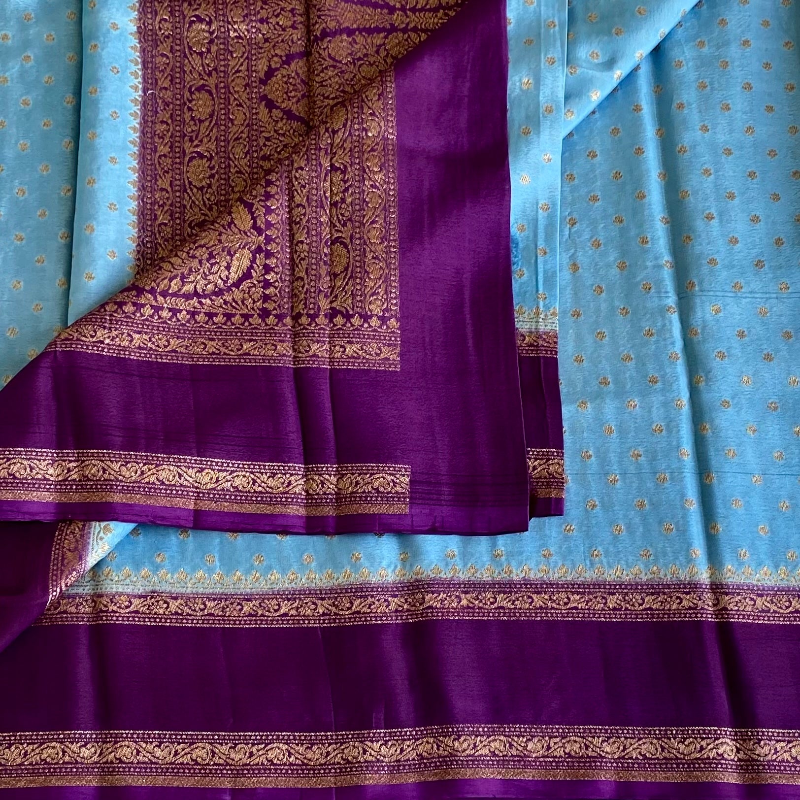 Sky Blue Banarasi Crepe Silk Saree With Royal Purple Pallu