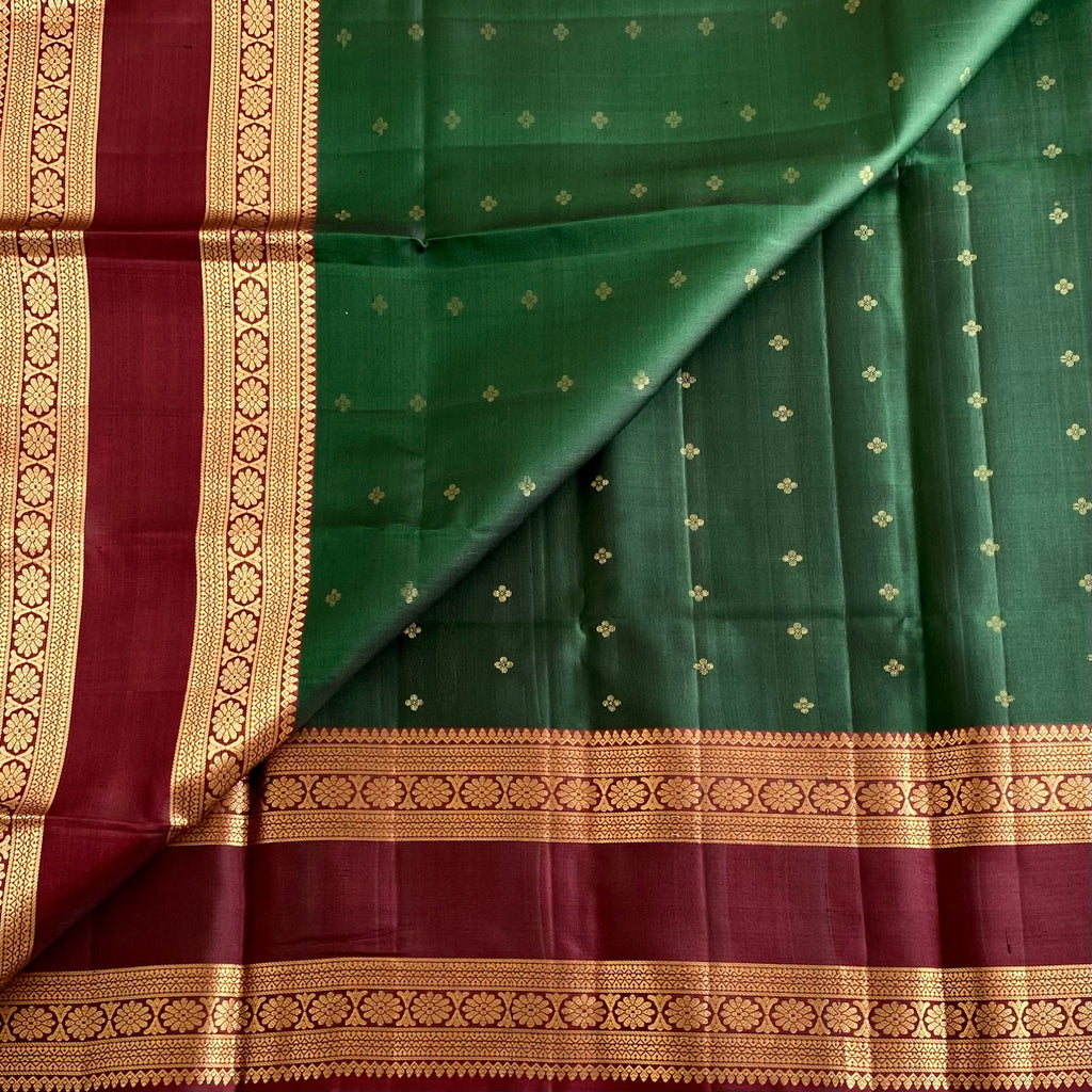 Bottle Green Designer Pure Silk With Deep Maroon Retta Petta Border