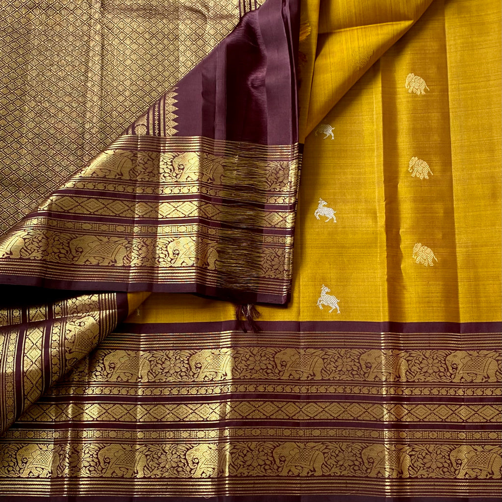 Classic Golden Mustard with Deep Wine Brown Kanjeevaram Masterpiece