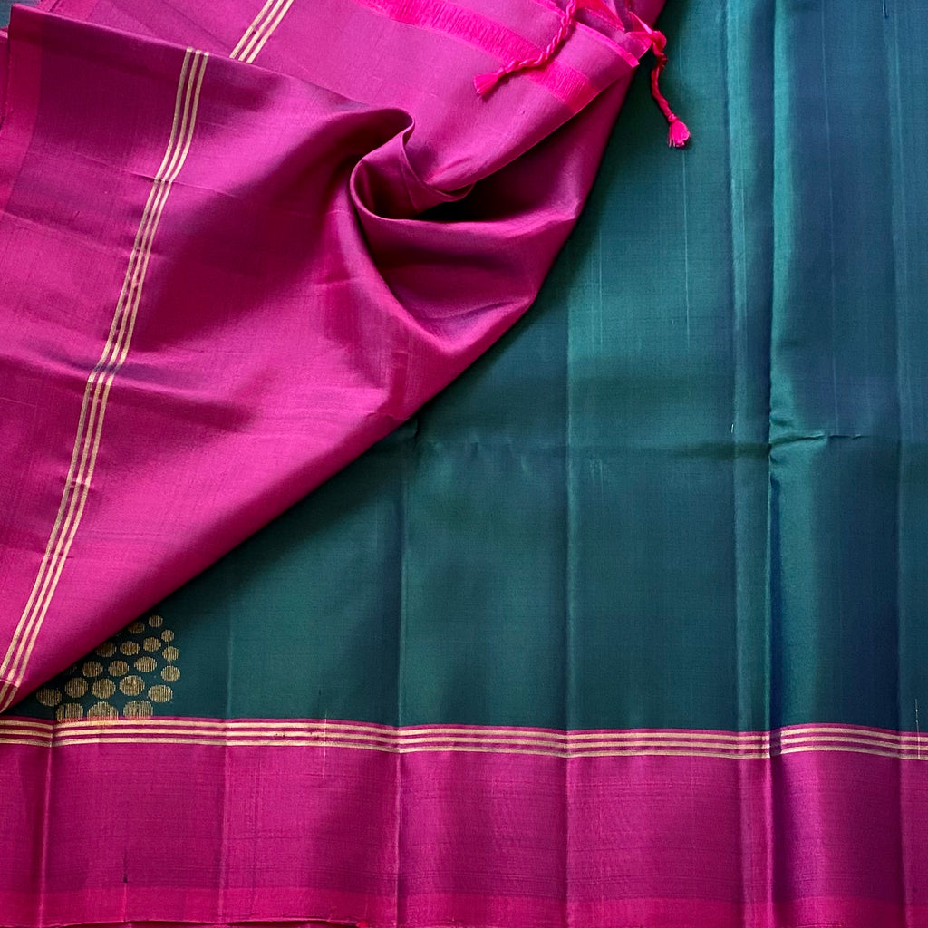 Peacock Green Designer Pure Silk Saree Fuchsia Pink Zari Border