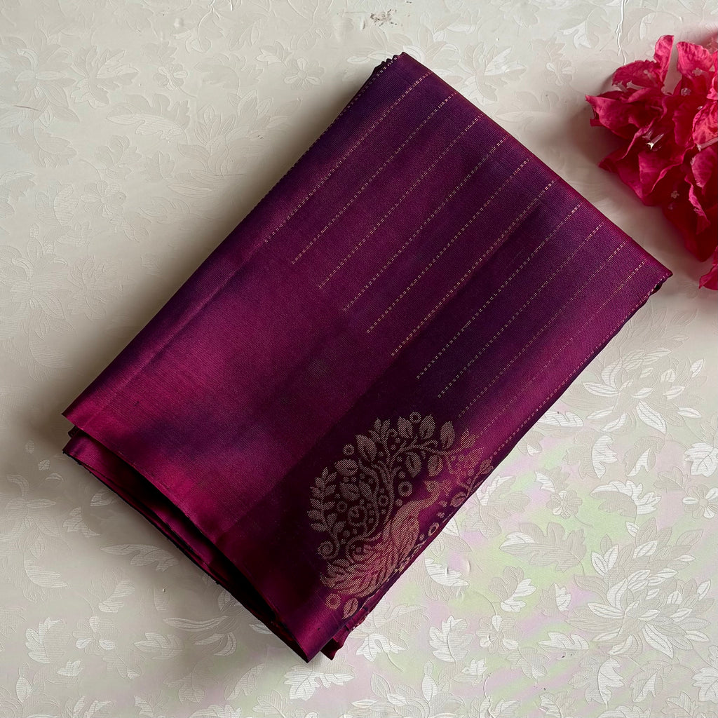 Dual Shaded Magenta Designer Pure Silk Saree With Antique Gold Floral Pallu