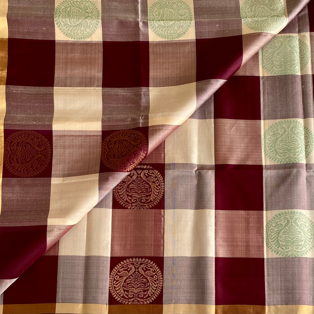 Cream Beige Designer Pure Silk Saree With Deep Maroon Checks