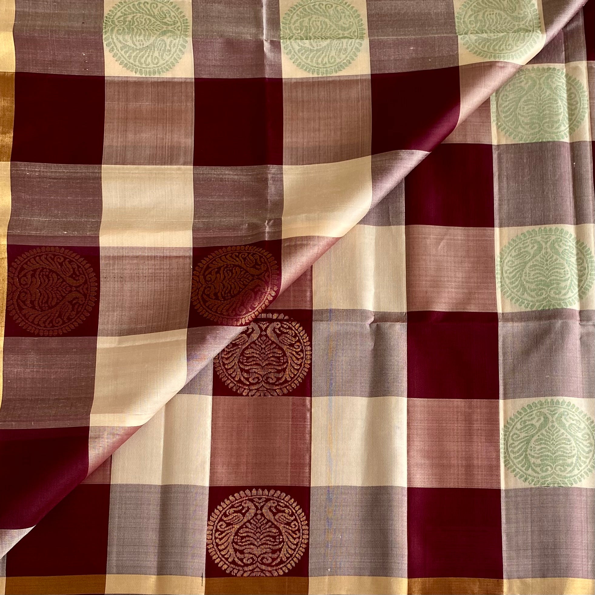 Cream Beige Designer Pure Silk Saree With Deep Maroon Checks