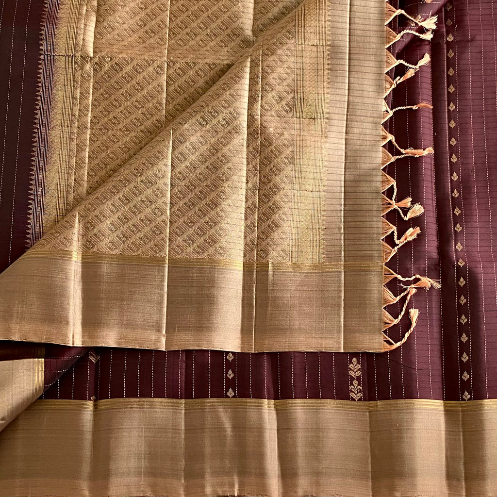 Deep Maroon Plum Designer Pure Silk Saree With Antique Gold Pallu