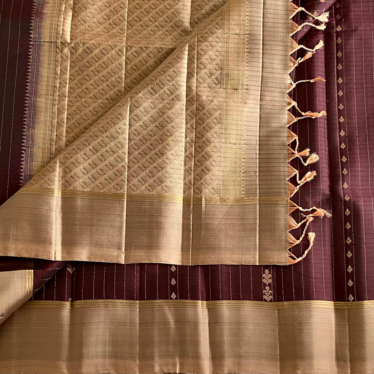 Deep Maroon Plum Designer Pure Silk Saree With Antique Gold Pallu