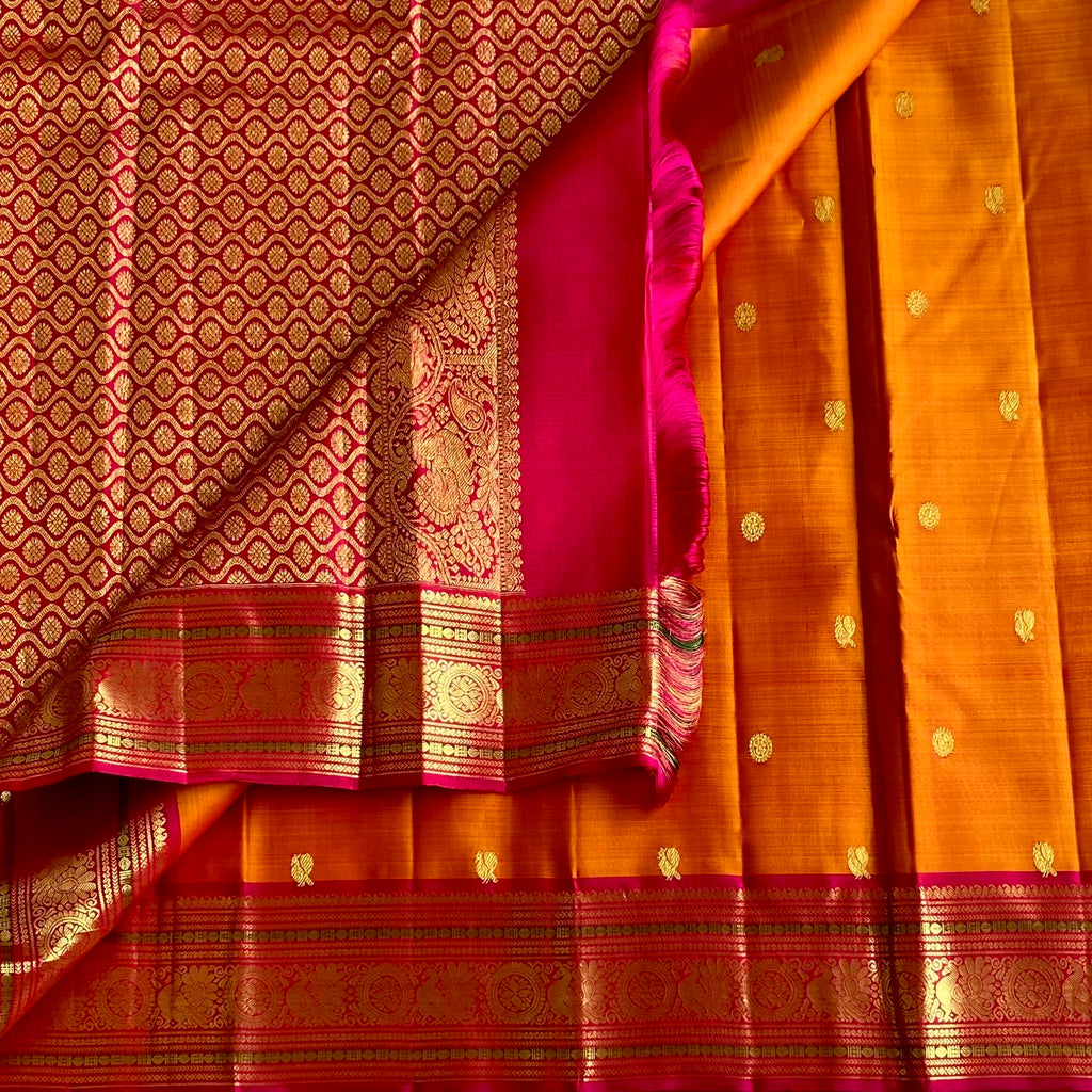 Saffron Orange Kanjeevaram Pure Zari Silk Saree With Rani Pink Pallu