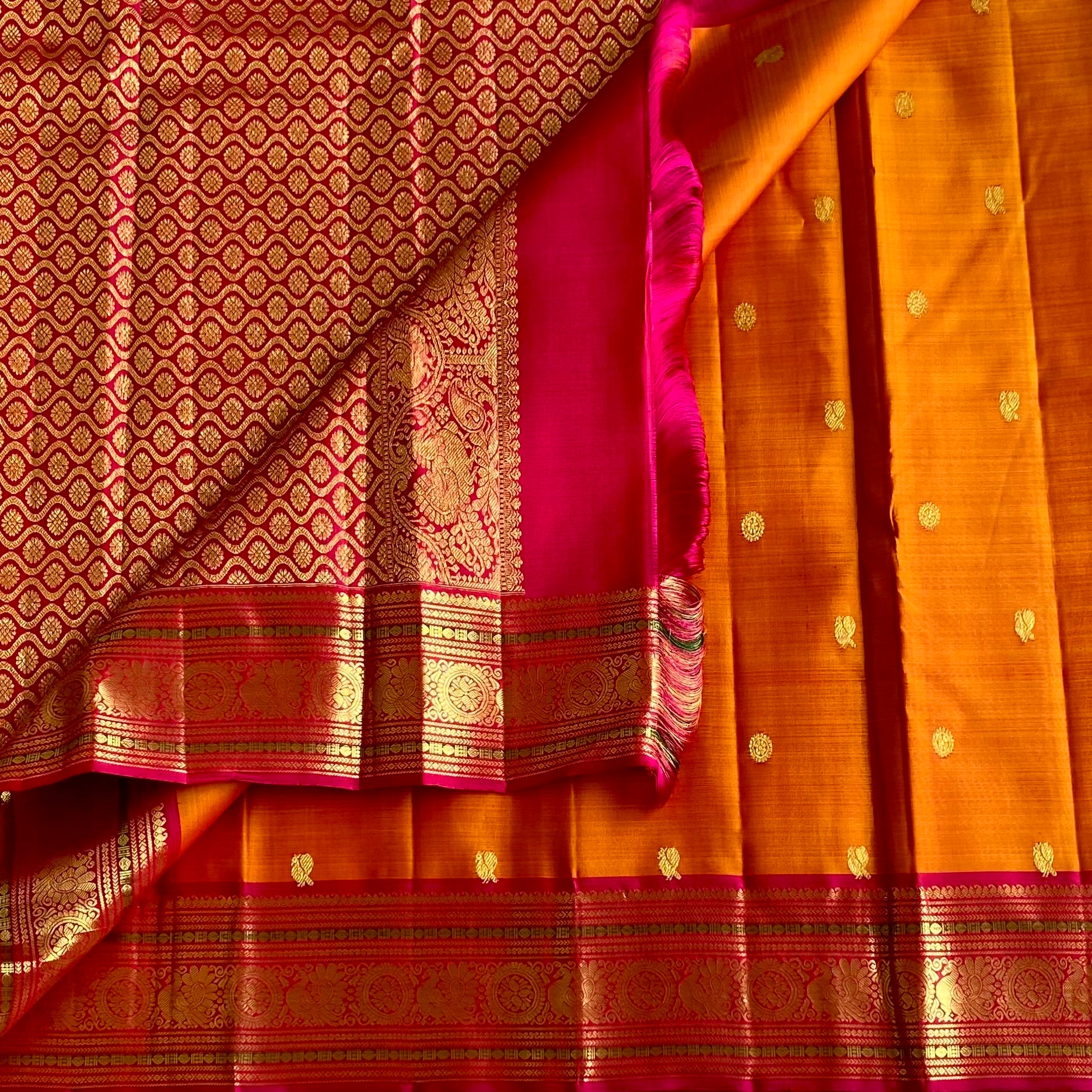 Saffron Orange Kanjeevaram Pure Zari Silk Saree With Rani Pink Pallu