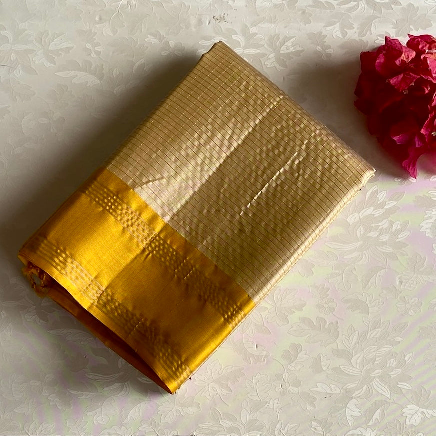 Champagne Beige Designer Pure Silk Saree With Golden Yellow Pallu
