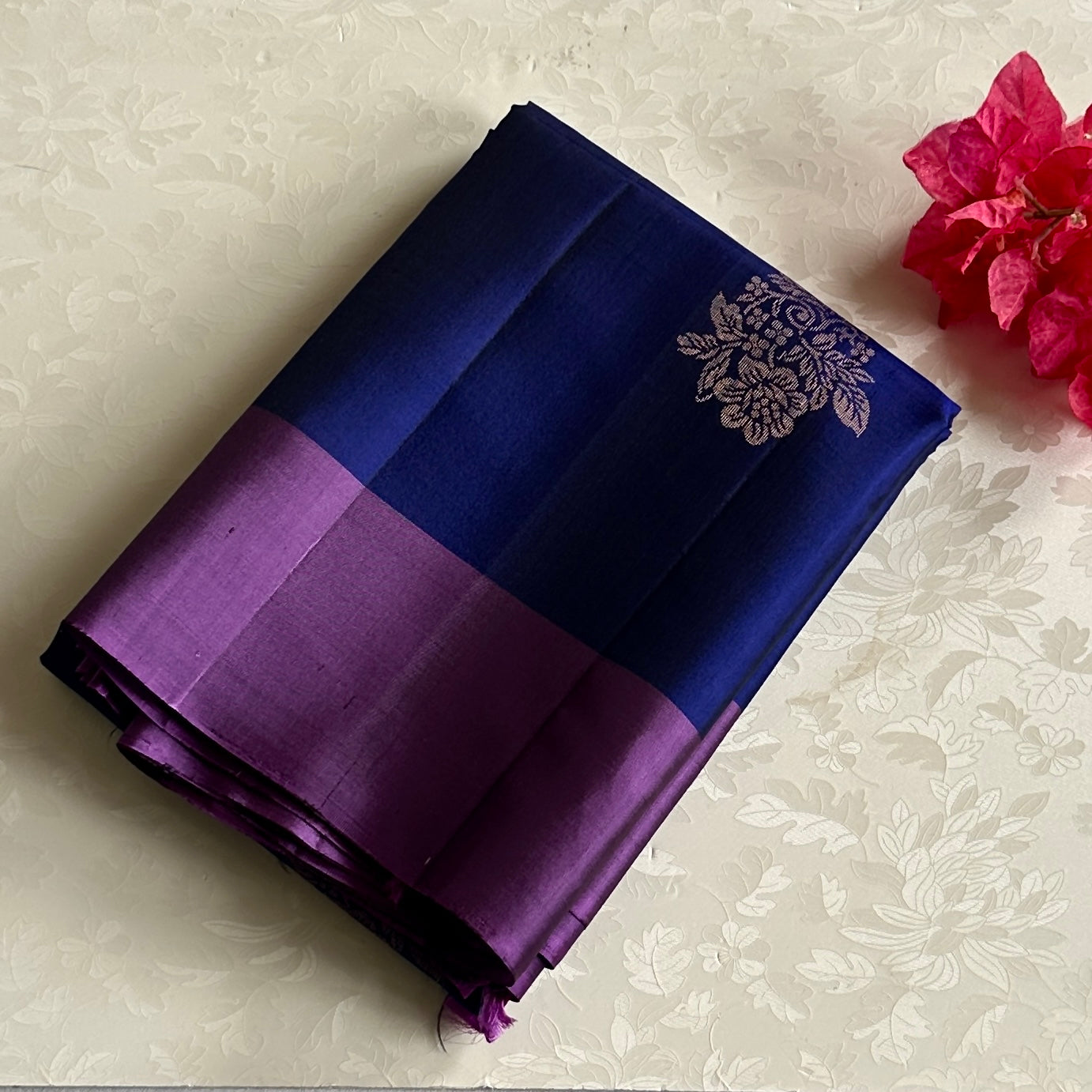 Elegant Royal Blue Orchid Purple Floral Zari Traditional Woven Saree