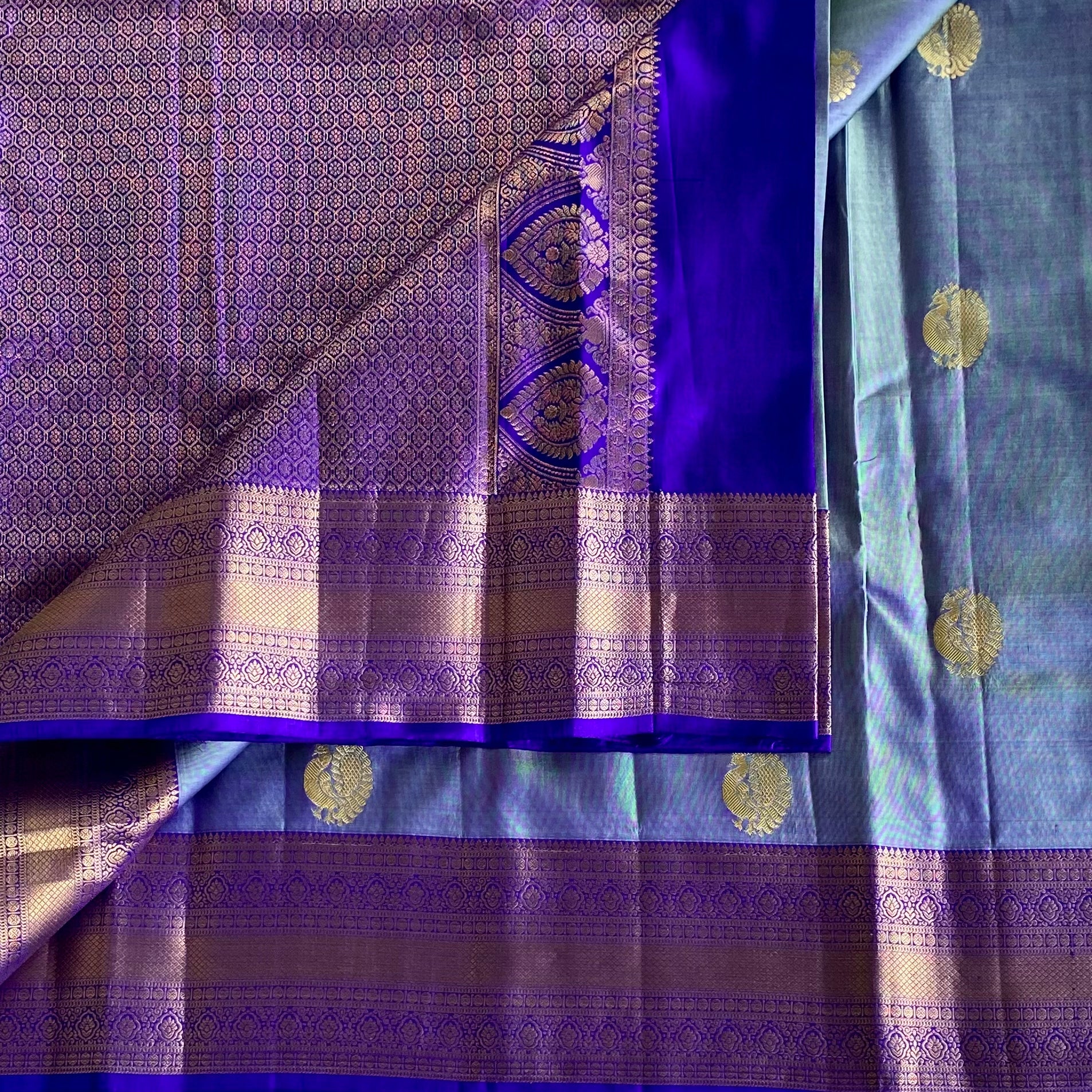Royal Purple Designer Pure Silk Saree With Peacock Blue Pallu