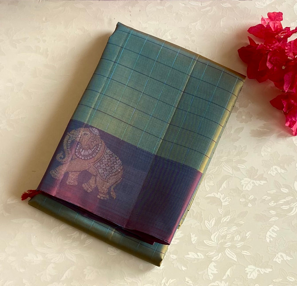 Rare Beauty Dual Shaded Teal Purple Pire Silk Saree with Elephant Border Checked borders