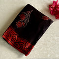Midnight Black Ajrakh Handblock Printed Silk Saree With Rust Red Pallu