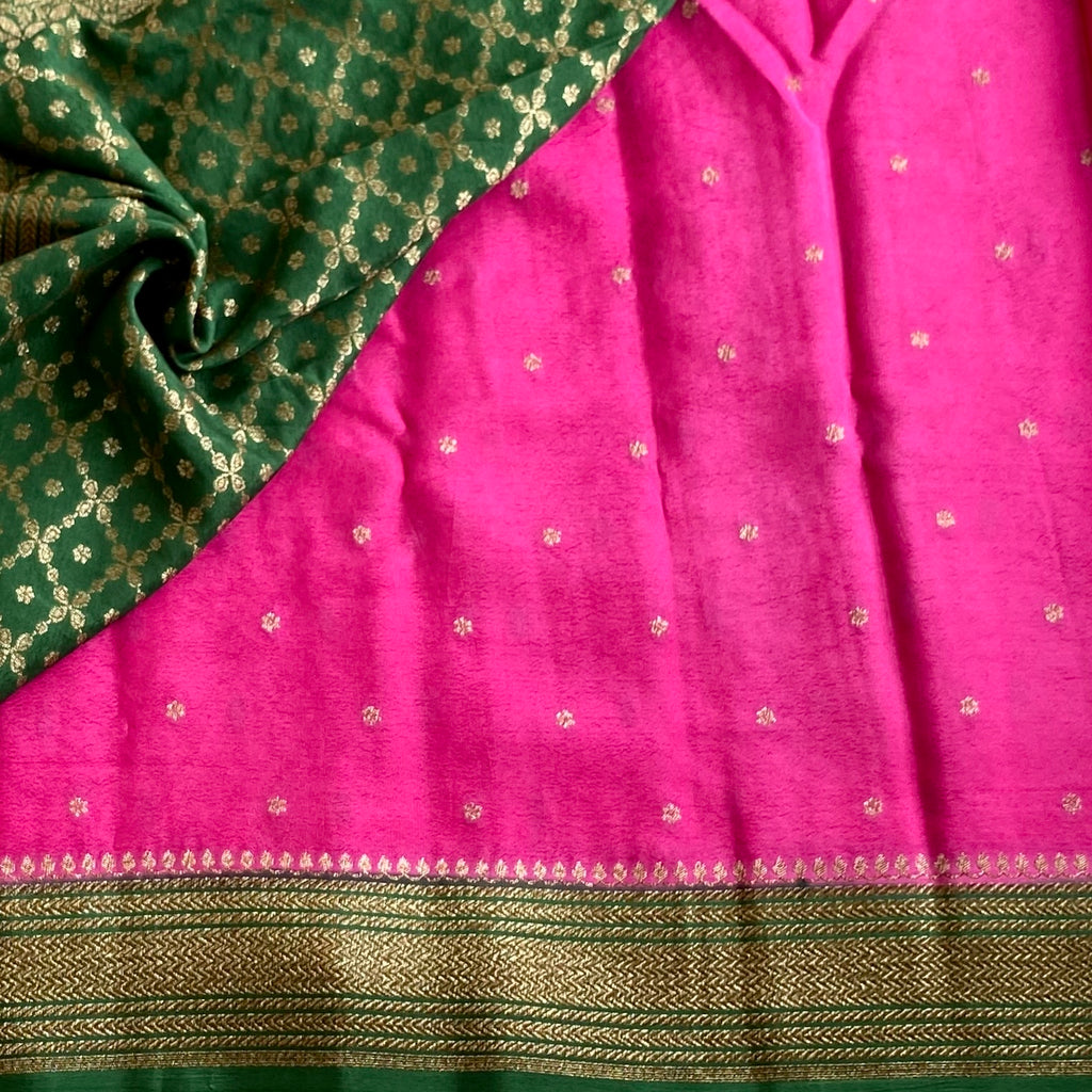 Fuchsia Pink With Emerald Green Banarasi Soft Crepe with Antique Zari