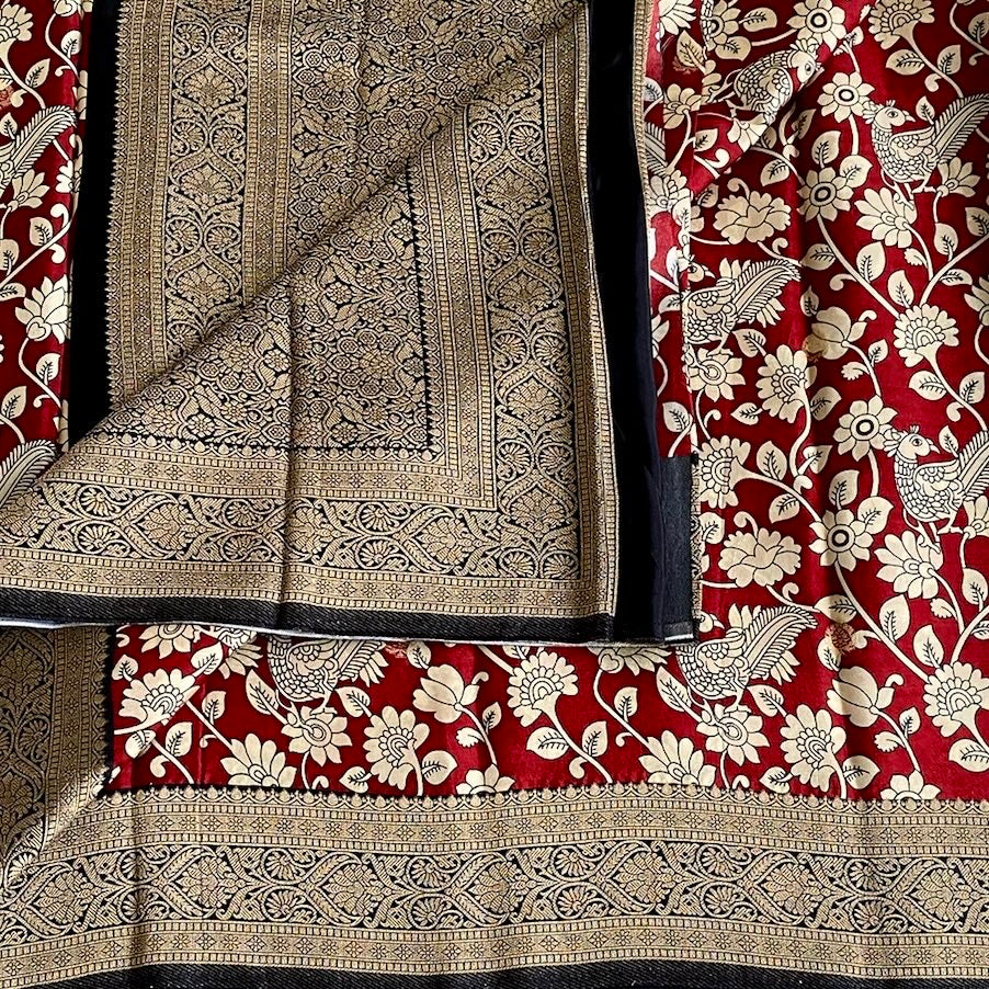 Soft Tussar Silk Crimson Red Saree With Antique Gold Brocade Border