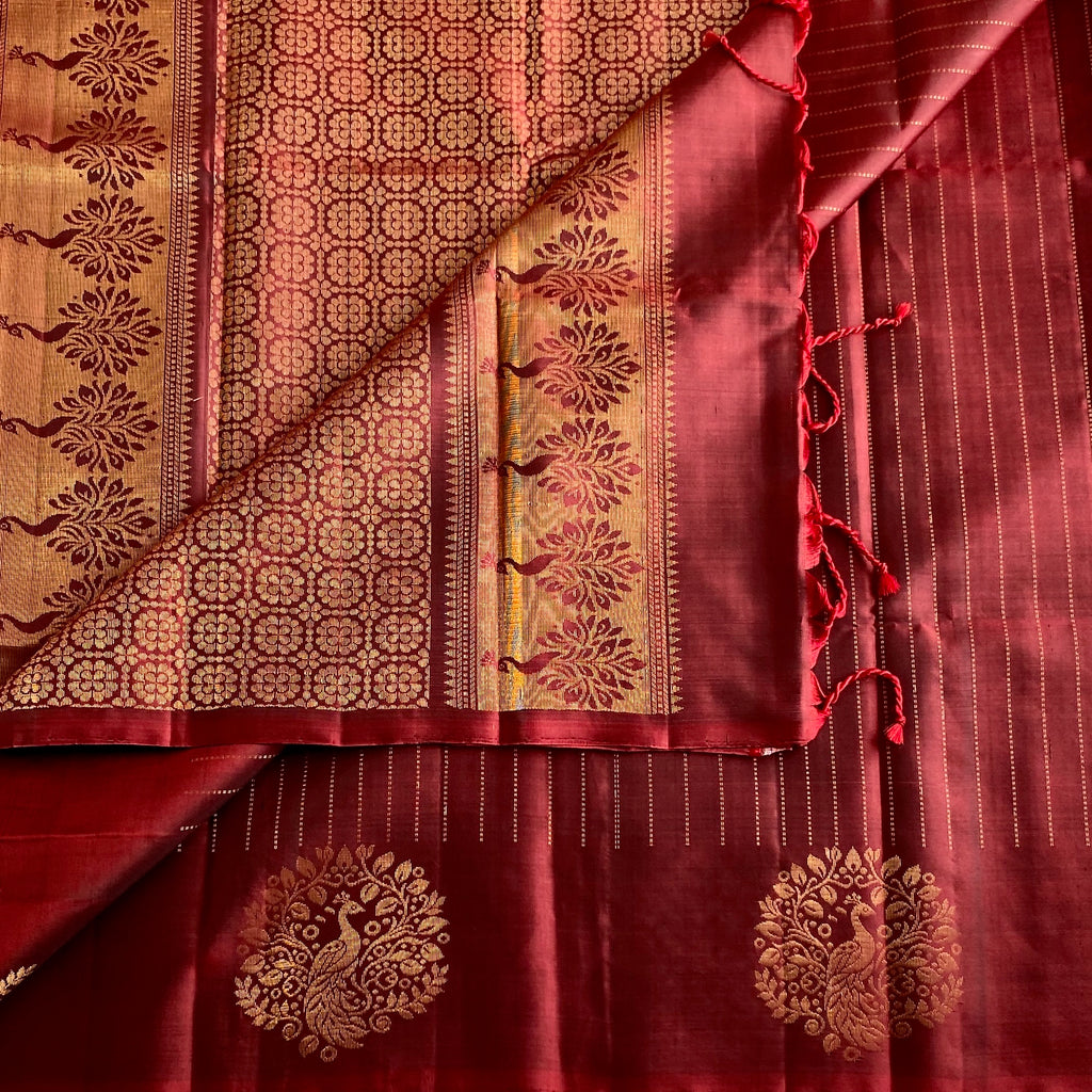 Deep Maroon Designer Pure Silk Saree With Metallic Gold Border And Pallu