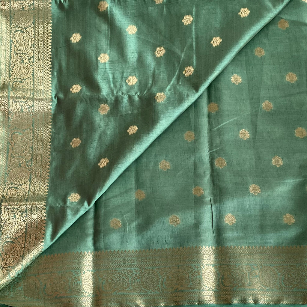Teal Green Zari Buti Saree With Paisley Border And Stripes