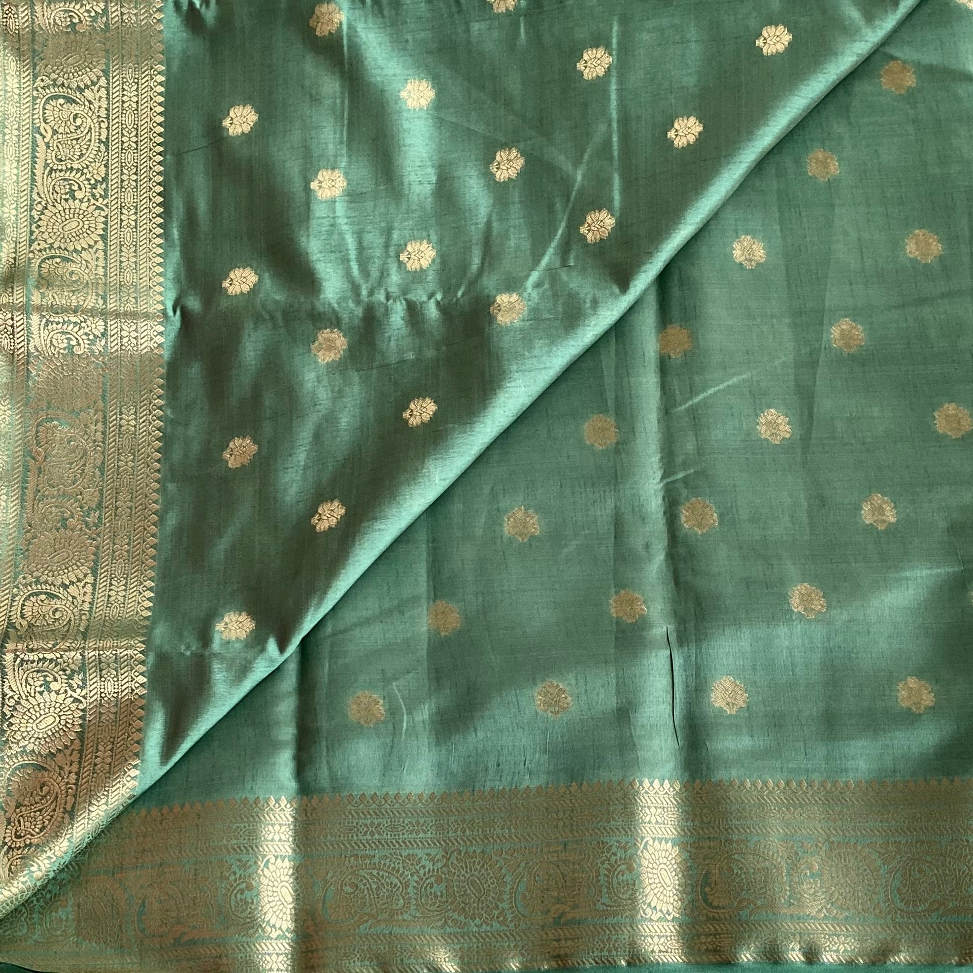 Teal Green Zari Buti Saree With Paisley Border And Stripes