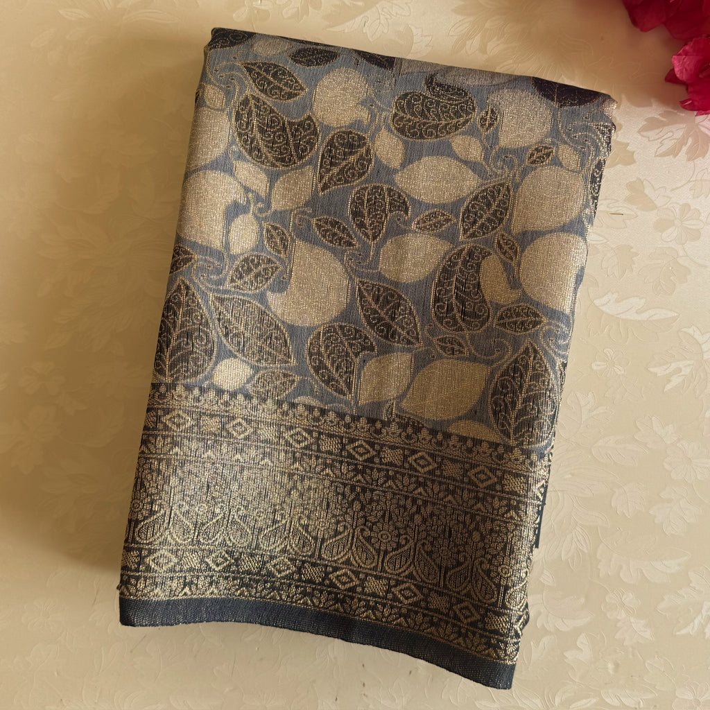 Bronze Brocade Saree With Leaf Motif And Medallion Pallu