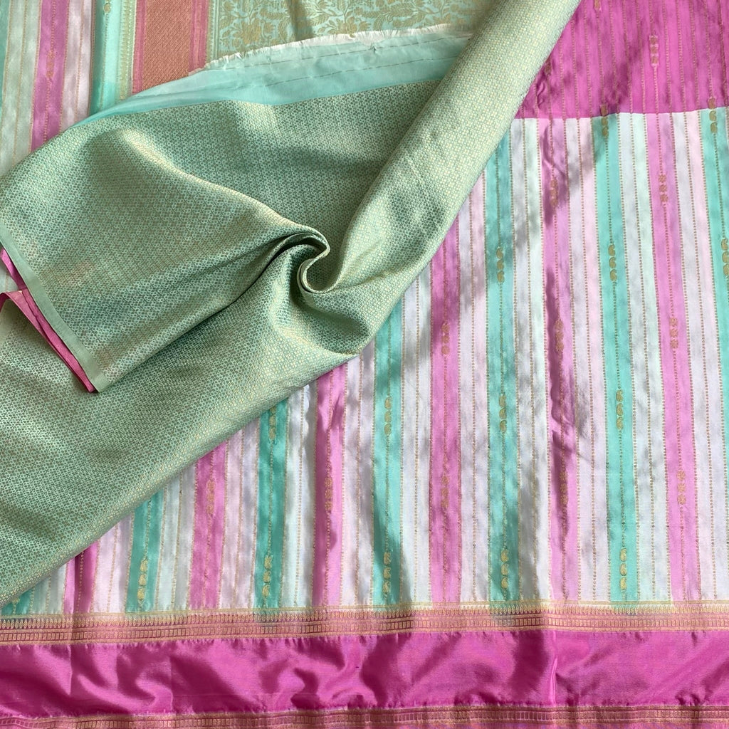 Mint Green, White and Pink Striped Soft Tussar Silk Saree With Rani Pink Border Gold Brocade