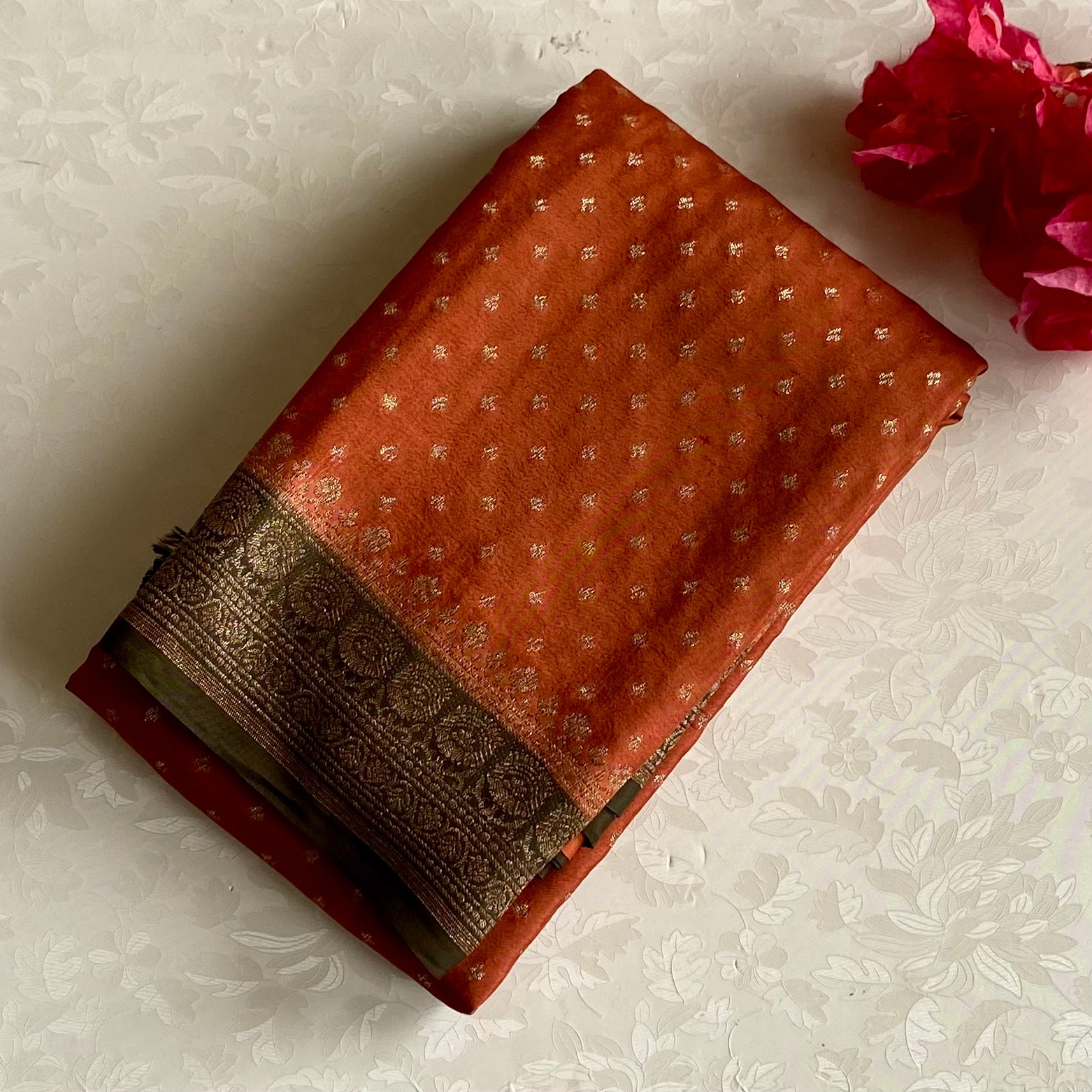 Rare beauty Rust Orange Banarasi Crepe Silk Saree Deep Olive With Pallu