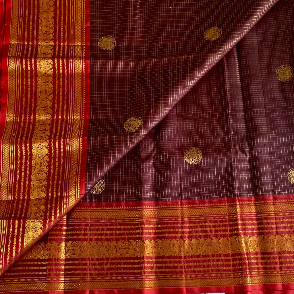 Chocolate Brown Checkered Kanjeevaram Pure Zari Silk Saree With Rich Red Pallu