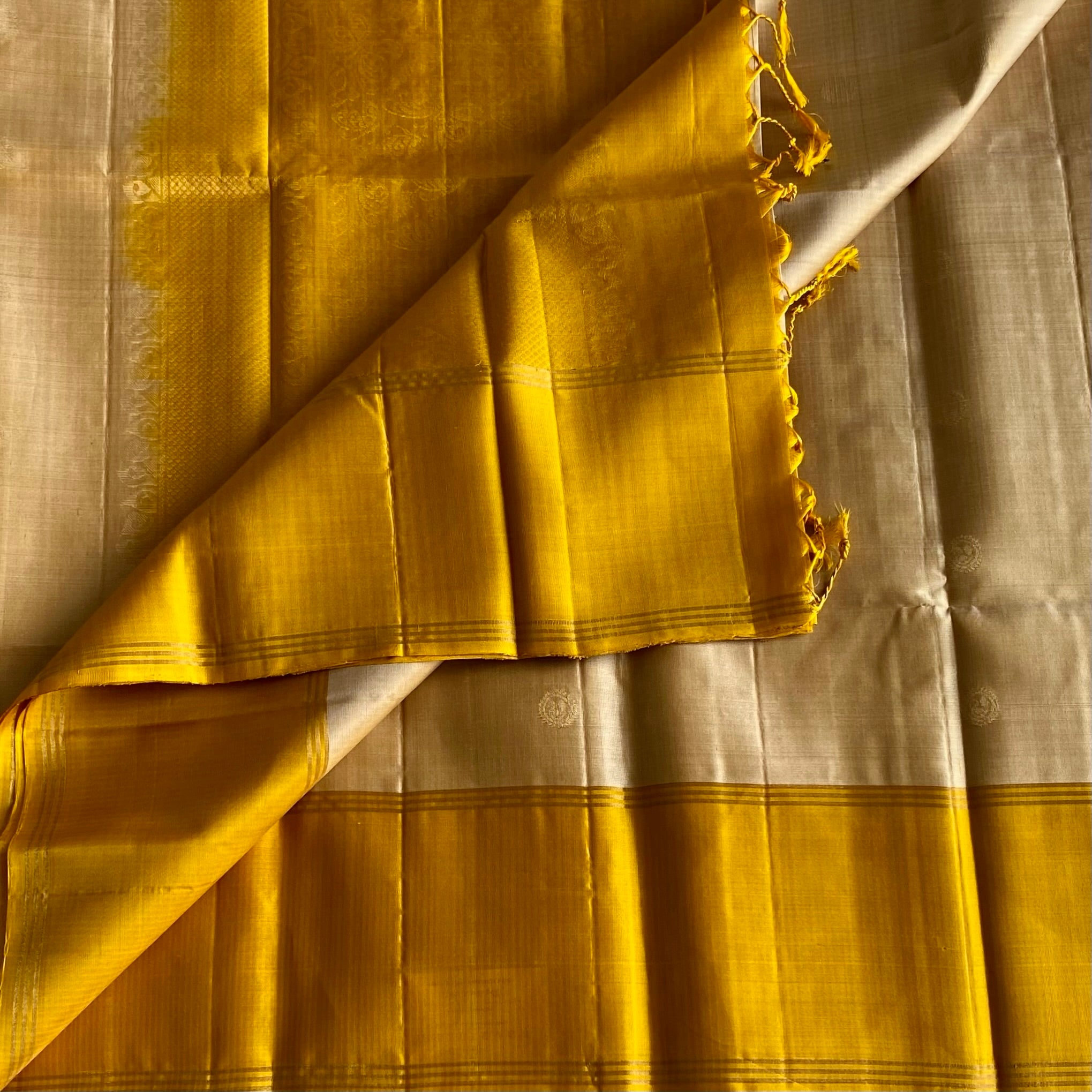 Champagne Beige Designer Pure Silk Saree With Mango Yellow Pallu