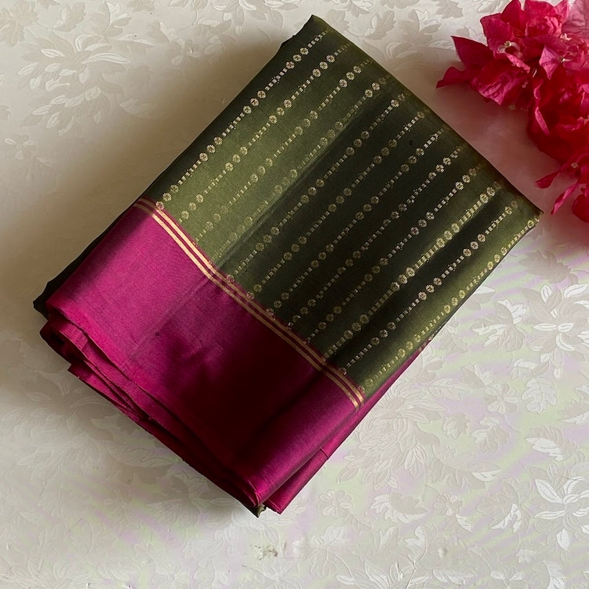 Deep Olive Green Designer Pure Silk Saree With Rani Pink Pallu Gold Border