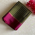 Deep Olive Green Designer Pure Silk Saree With Rani Pink Pallu Gold Border
